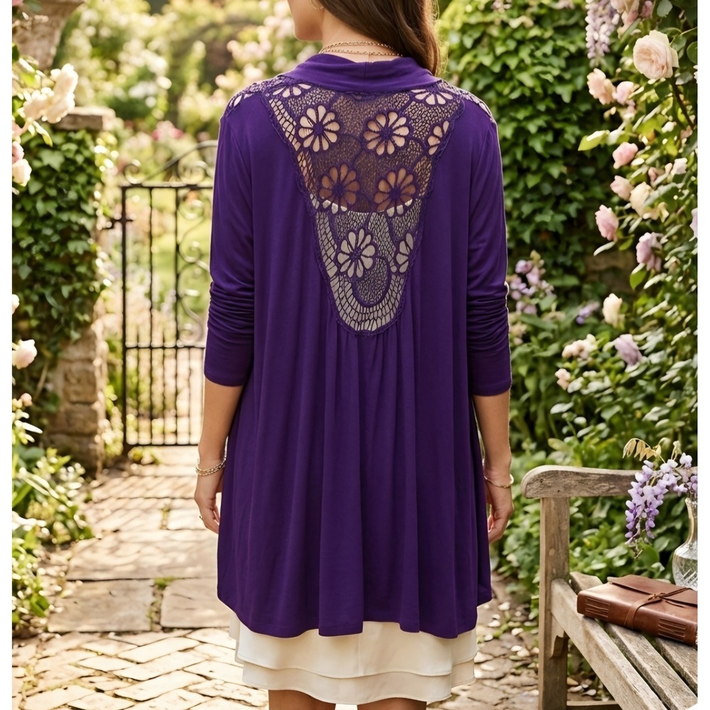 Always Indigo Purple Floral Crochet Lace Back Open Front Cardigan 3X Boho